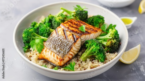 Delicious Grilled Salmon with Quinoa and Steamed Broccoli – A Perfectly Balanced and Nutritious Meal for Wellness