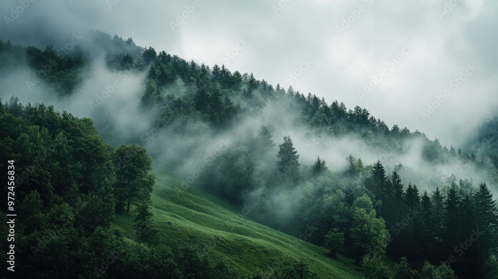 The green hillside meets a foggy forest, where the mist creates a dreamlike atmosphere. The green hillside meets a foggy forest, where the mist creates a dreamlike atmosphere.
