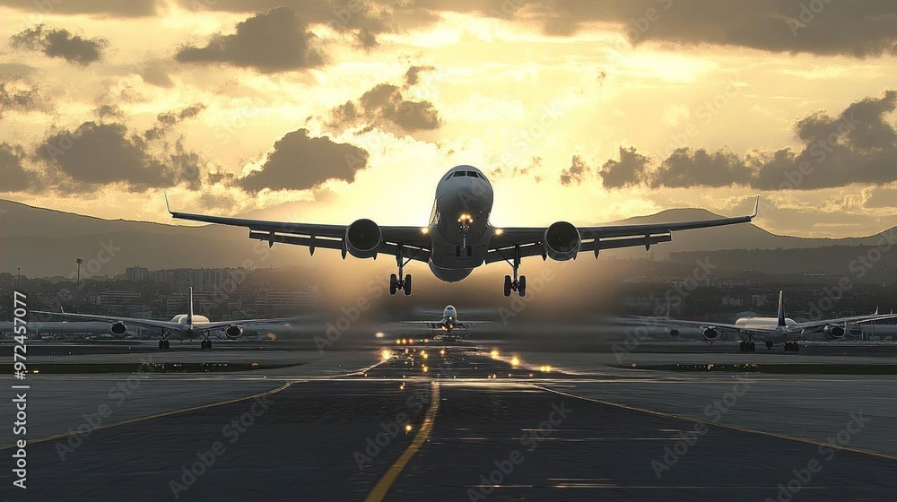 Naklejka premium Airplane landing on runway at sunset with clouds.