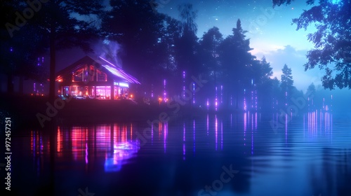 A serene lakeside cabin with a futuristic twist, featuring a holographic grill smoking with digital meats, people in sleek modern attire relaxing, Cyberpunk, Neon glow, Digital art, High-tech details