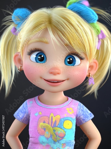 Female cartoon kid grimacing against a background