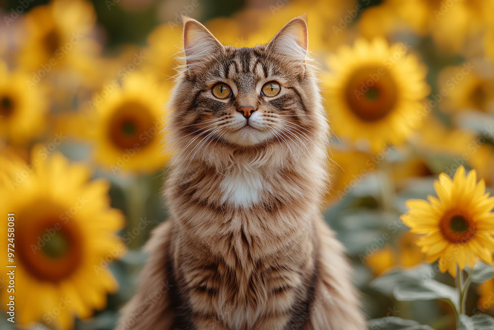 A majestic Maine Coon cat sitting regally in front of a garden of tall sunflowers, A majestic Maine Coon cat sitting regally in front of a garden of tall sunflowers,