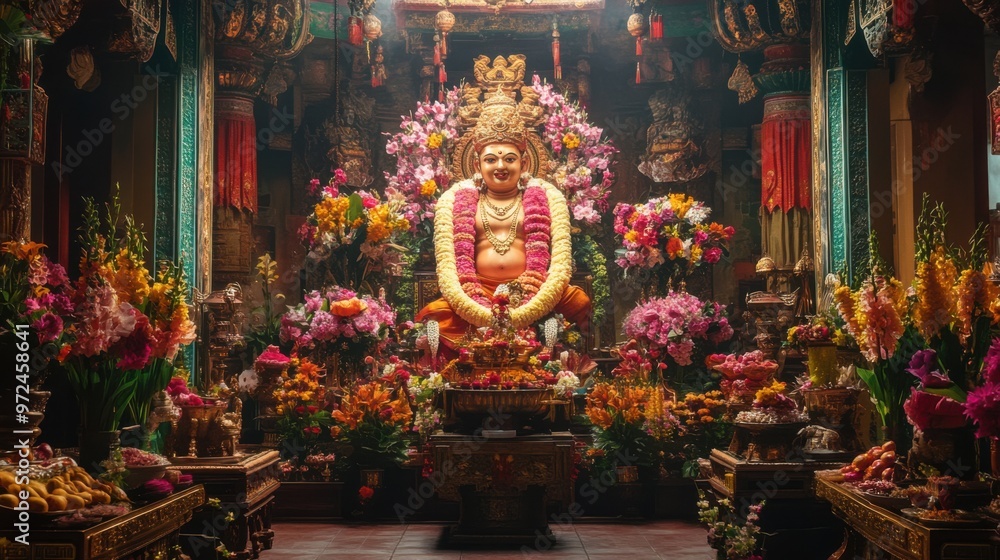 Fototapeta premium The large Taowesuwan idol, richly decorated with floral garlands and colorful ornaments,