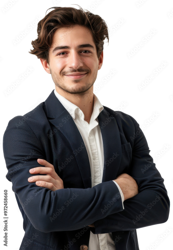 Portrait of young executive businessman happy smiling and standing posing posing arms crossed, Wear a blue navy suit, isolated on white background, png Portrait of young executive businessman happy smiling and standing posing posing arms crossed, Wear a blue navy suit, isolated on white background, png