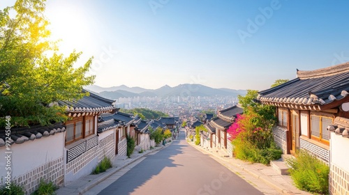A picturesque shot of the Bukchon Hanok Village in Seoul, South Korea, with traditional Korean houses, tiled roofs, and narrow lanes capturing the essence of historical Seoul