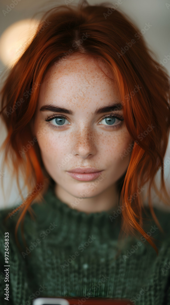 Naklejka premium Woman With Red Hair Looking Screen Her Mobil
