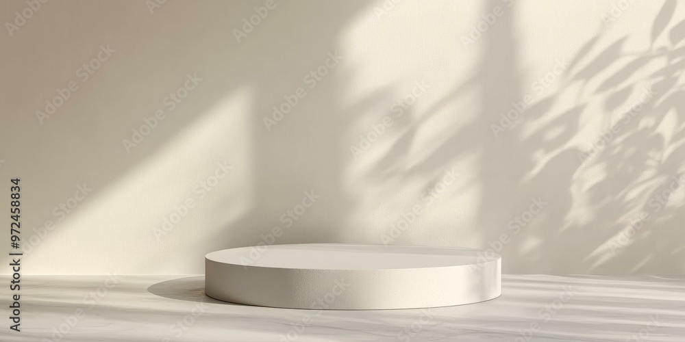 White podium with leaf shadows on a white wall. White podium with leaf shadows on a white wall.