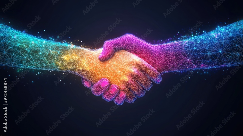 Two hands in a handshake, with a glowing, digital effect. Two hands in a handshake, with a glowing, digital effect.