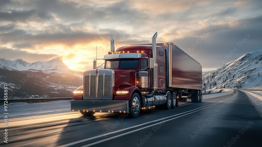 A stunning red truck drives along a snowy mountain road at sunset, reflecting the golden sky A stunning red truck drives along a snowy mountain road at sunset, reflecting the golden sky