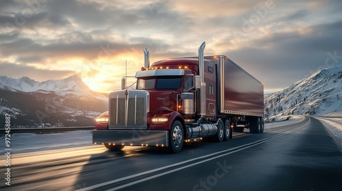 A stunning red truck drives along a snowy mountain road at sunset, reflecting the golden sky