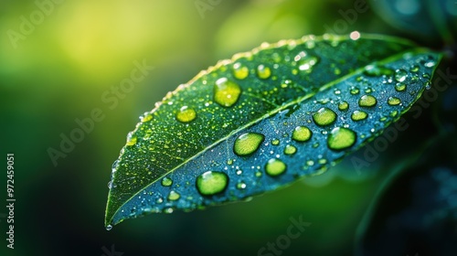 Illuminated green leaf glistening with water droplets in a lush garden setting after rainfall