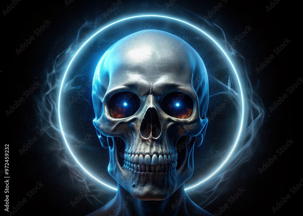 A spooky skeleton head outline with glowing blue eyes, surrounded by a halo of light, against a dark A spooky skeleton head outline with glowing blue eyes, surrounded by a halo of light, against a dark