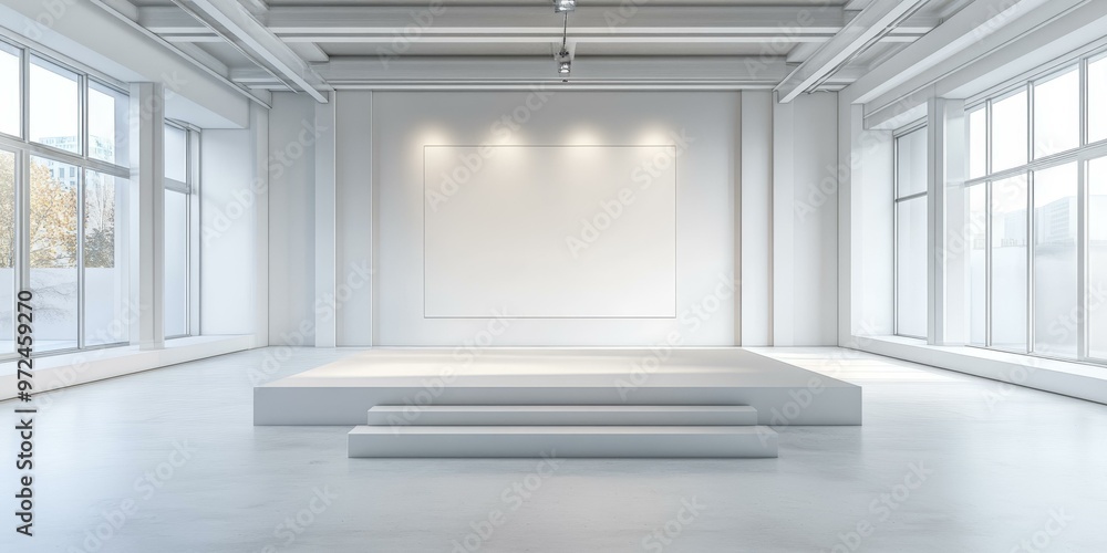 Fototapeta premium Empty white room with a platform and windows.