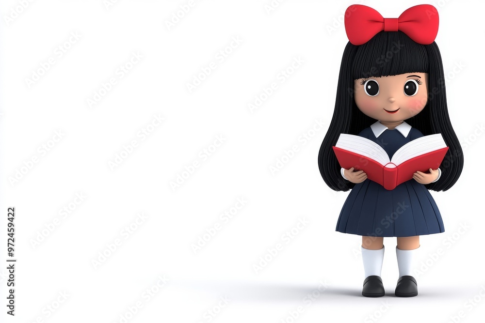 Fototapeta premium The girl with the red bow is writing notes full body fac 170 woman, child, music, beauty, cartoon, people, smile, headphones, student, model, face, kid, illustration, fun, business, boy, one, hair.