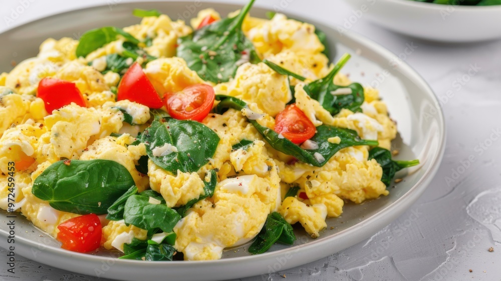 A delicious plate of scrambled eggs with fresh spinach, juicy cherry tomatoes, and a dash of black pepper. A delicious plate of scrambled eggs with fresh spinach, juicy cherry tomatoes, and a dash of black pepper.