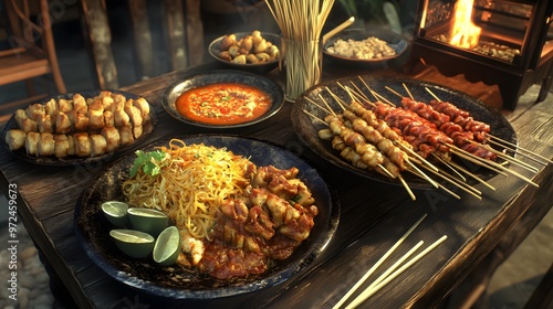 A hyper real spread of Thai street food including Pad Thai and satay skewers on a wooden table, detailed textures and colors photo