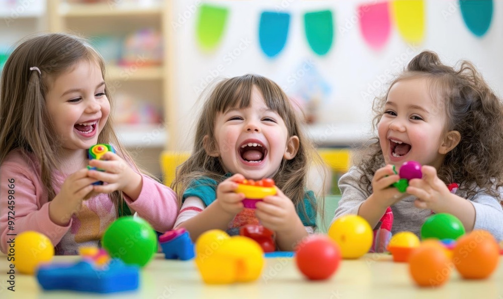 Three young girls laughing while playing with colorful toys at a table. Three young girls laughing while playing with colorful toys at a table.