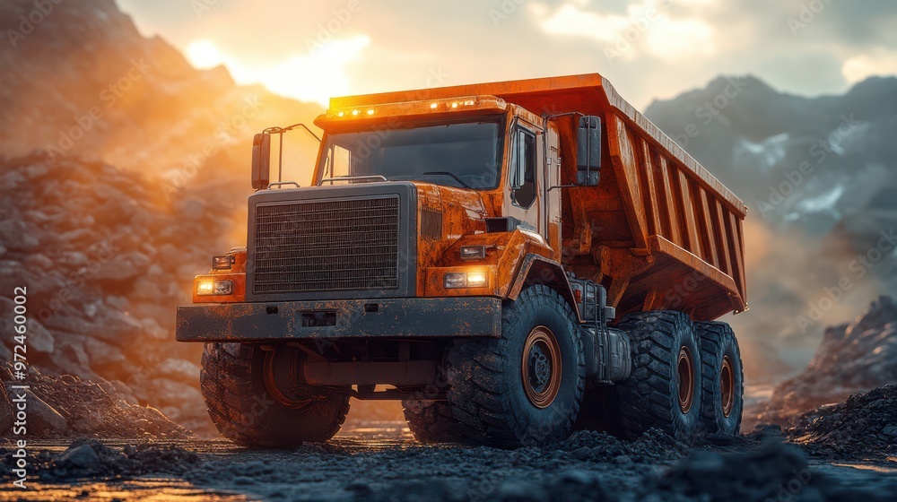A rugged dump truck powers through a rocky landscape at sunset, highlighting its design A rugged dump truck powers through a rocky landscape at sunset, highlighting its design