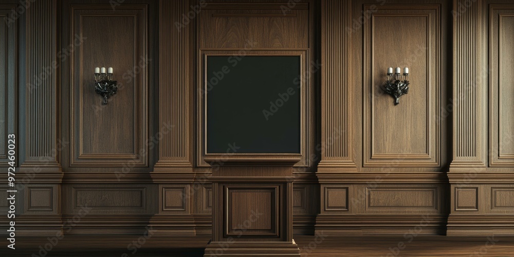 Dark wood paneling with ornate molding and sconces. Dark wood paneling with ornate molding and sconces.