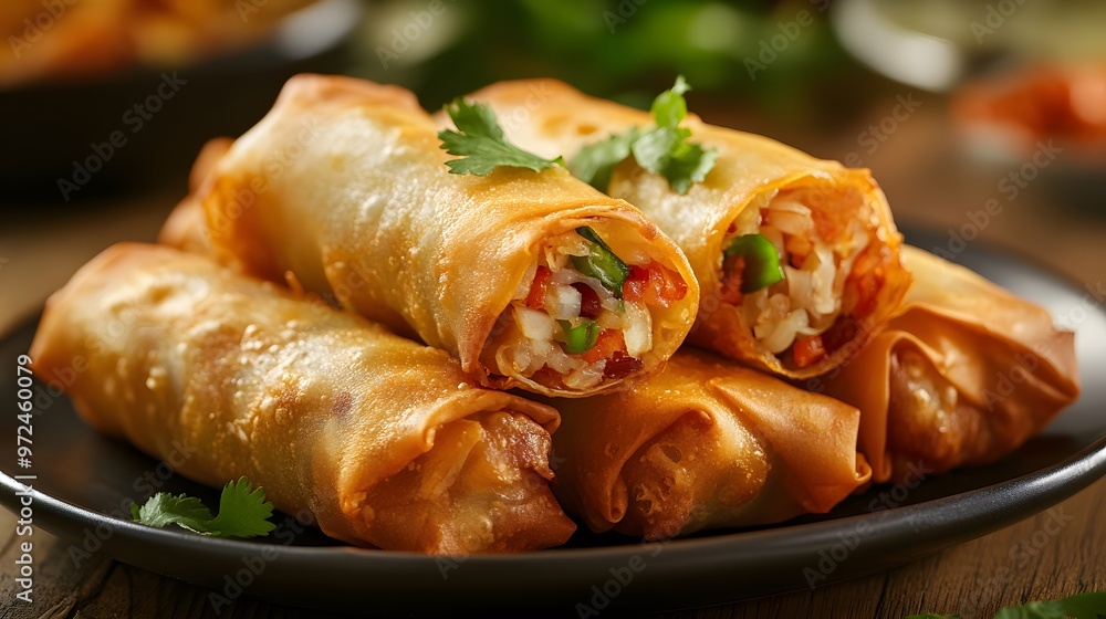 Hyper real plate of Thai crispy spring rolls on a wood table, capturing the golden crust and fresh ingredients inside Hyper real plate of Thai crispy spring rolls on a wood table, capturing the golden crust and fresh ingredients inside