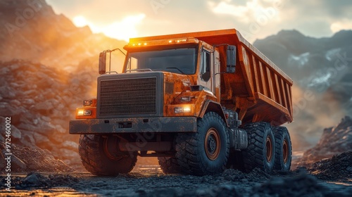 A rugged dump truck powers through a rocky landscape at sunset, highlighting its design