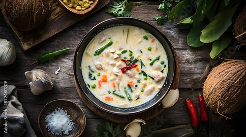 A hyper real scene of traditional Thai coconut soup (Tom Kha Gai) served hot on a rustic wooden table photo