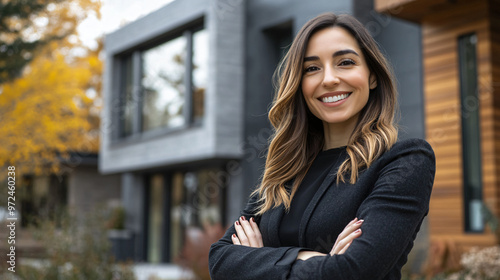 Young and confident real estate agent is smiling with her arms crossed in front of a modern house