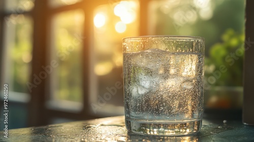 A refreshing glass of water glistens in the warm afternoon light by the window