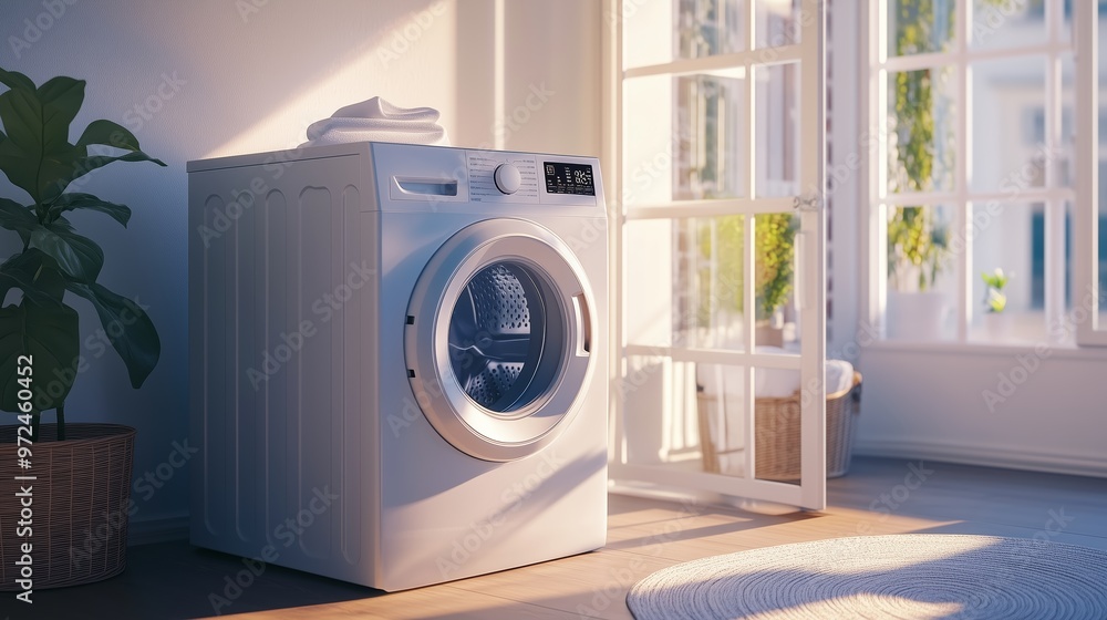 A modern washing machine sits in a bright laundry room near an open window with fresh linens stacked on top A modern washing machine sits in a bright laundry room near an open window with fresh linens stacked on top