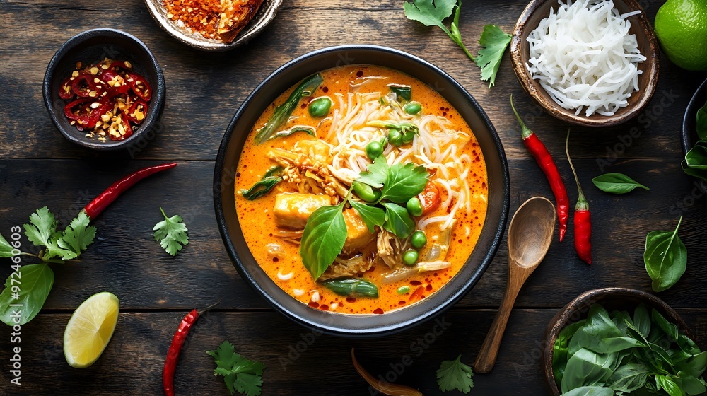 Hyper real traditional Thai rice noodles in a rich curry sauce, served on a rustic wooden table with fresh garnishes Hyper real traditional Thai rice noodles in a rich curry sauce, served on a rustic wooden table with fresh garnishes