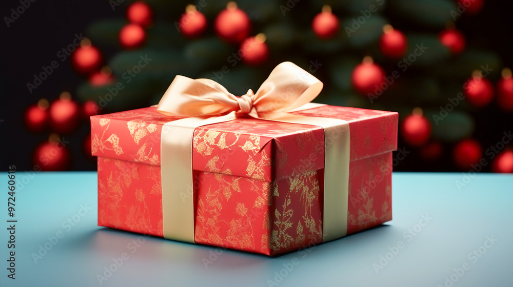 Obraz premium Christmas gift box wrapped in red paper tied with golden silk ribbon and bow. Decorated Christmas tree.Holiday presents shopping celebration concept