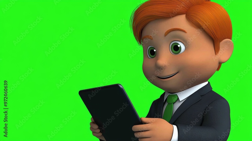 An entrepreneur dressed in casual business attire holding a smart tablet, with a green gradient background, copy space, cartoon style, in a 3D style An entrepreneur dressed in casual business attire holding a smart tablet, with a green gradient background, copy space, cartoon style, in a 3D style