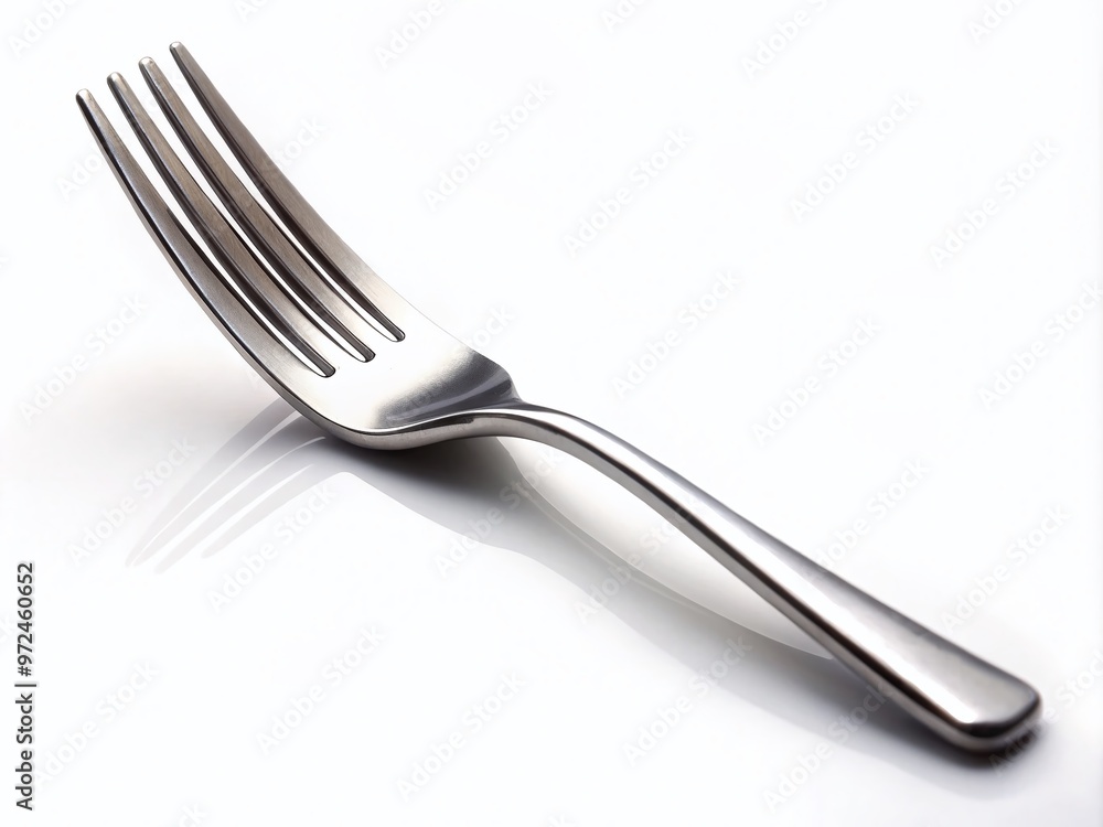 A stainless steel fork lies isolated on a white background, its tines curved and precise, awaiting its role A stainless steel fork lies isolated on a white background, its tines curved and precise, awaiting its role