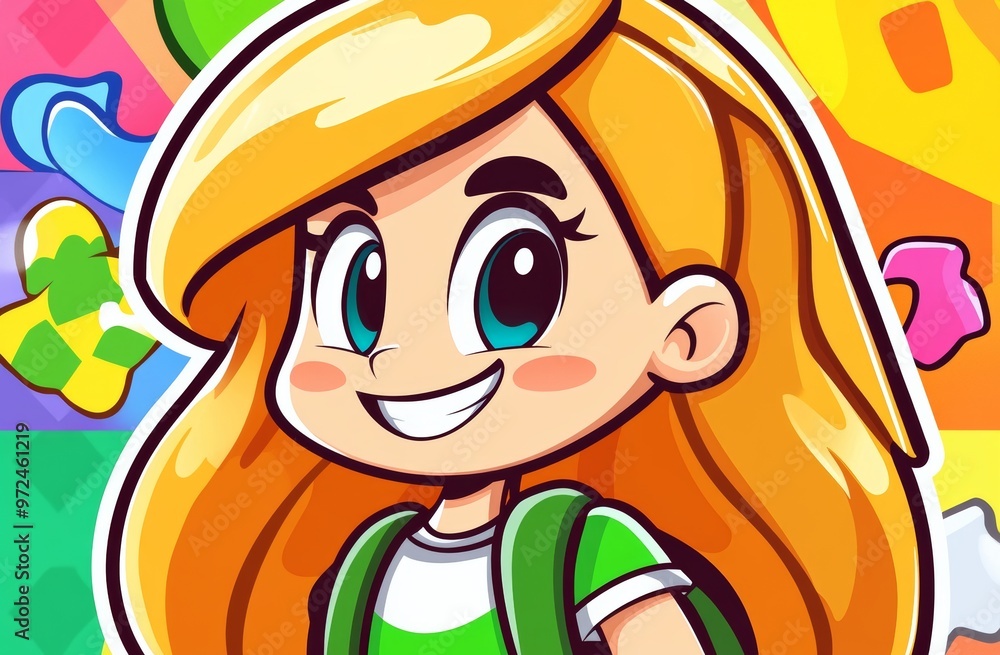 Nackpack on a green background. Cartoon illustration of a happy schoolgirl. Back to school concept. Nackpack on a green background. Cartoon illustration of a happy schoolgirl. Back to school concept.