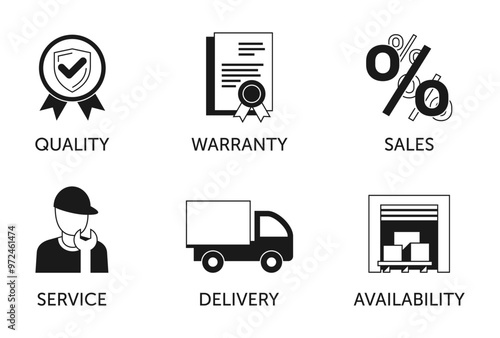 Icons set - Availability, Delivery, Service, Sales, Warranty, Quality