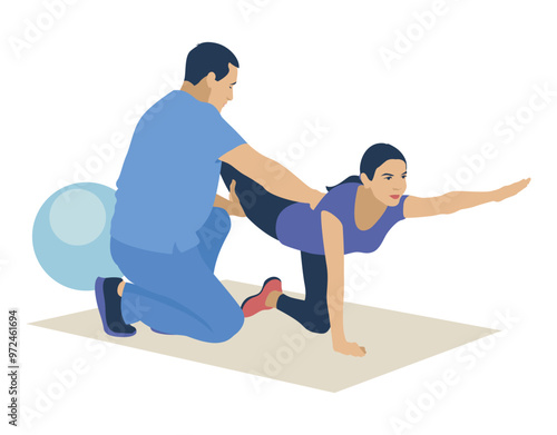 A rehabilitation doctor is treating a girl. The girl performs rehabilitation exercises. Flat design. Vector illustration on a white background