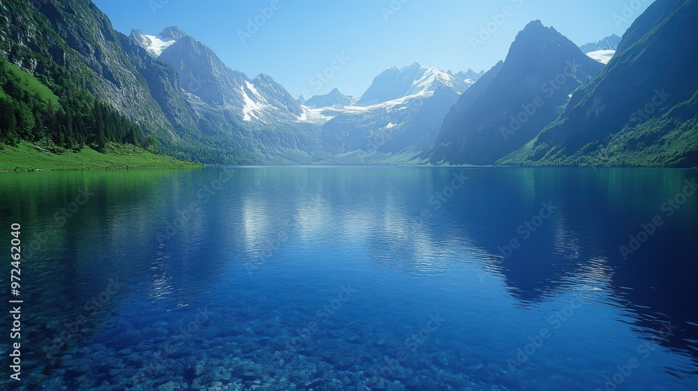 Tranquil mountain lake reflecting snow-capped peaks under a clear blue sky in summer Tranquil mountain lake reflecting snow-capped peaks under a clear blue sky in summer
