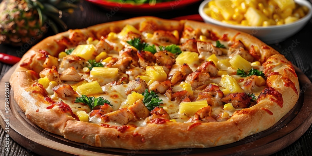 Delicious Pizza Topped with Chicken, Pineapple, and Corn on a Perfectly Baked Crust Delicious Pizza Topped with Chicken, Pineapple, and Corn on a Perfectly Baked Crust