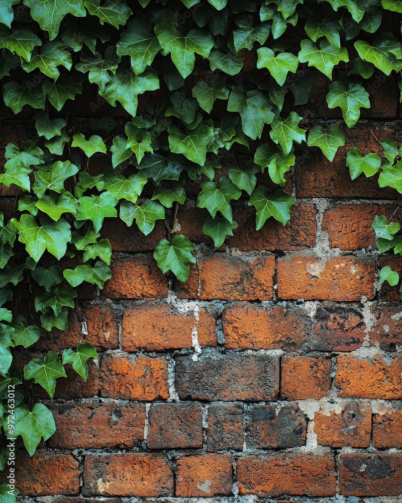 Obraz premium A red brick wall with ivy creeping over it, the green leaves contrasting beautifully with the rough texture