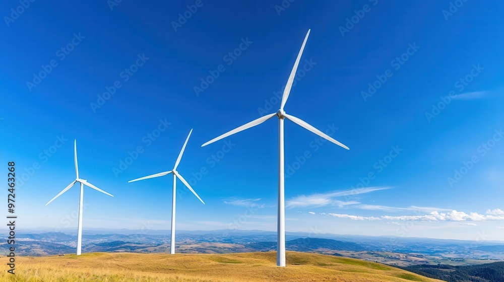 Fototapeta premium Panoramic view of wind turbines against a clear blue sky, symbolizing renewable energy and sustainable development.