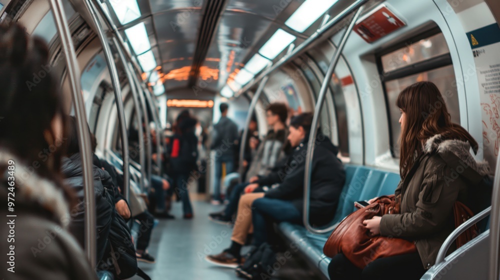 A crowd of blurred people moves along a passage between subway stations. People board a recently arrived train at a station in the train network. People on a subway train A crowd of blurred people moves along a passage between subway stations. People board a recently arrived train at a station in the train network. People on a subway train