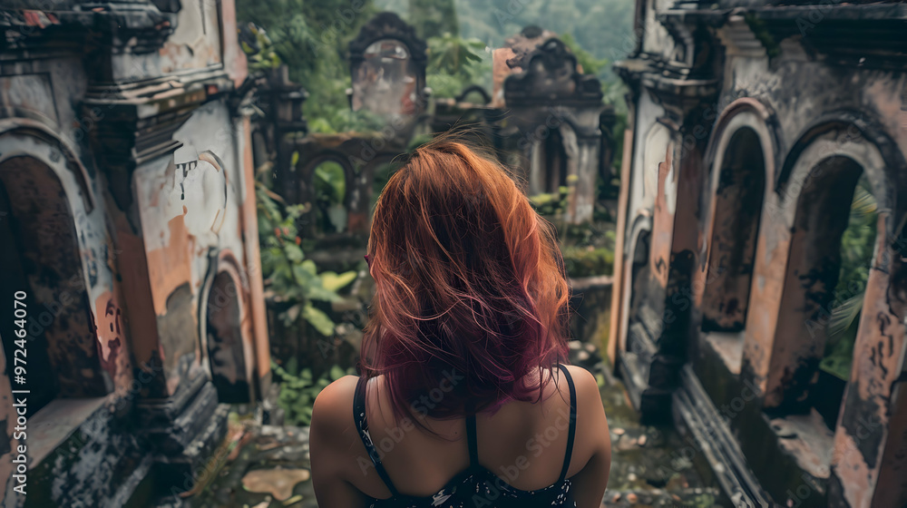 Naklejka premium Woman With Vibrant Hair Exploring Mysterious Ruins