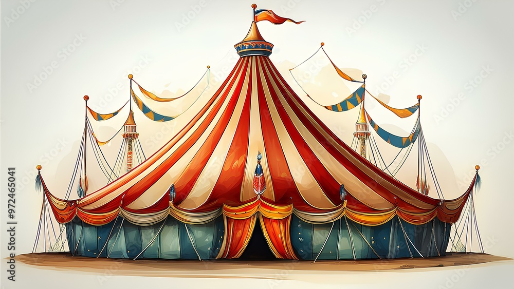 Circus decorated with flags and ribbons. Illustration of a circus tent on a white background. Circus decorated with flags and ribbons. Illustration of a circus tent on a white background.