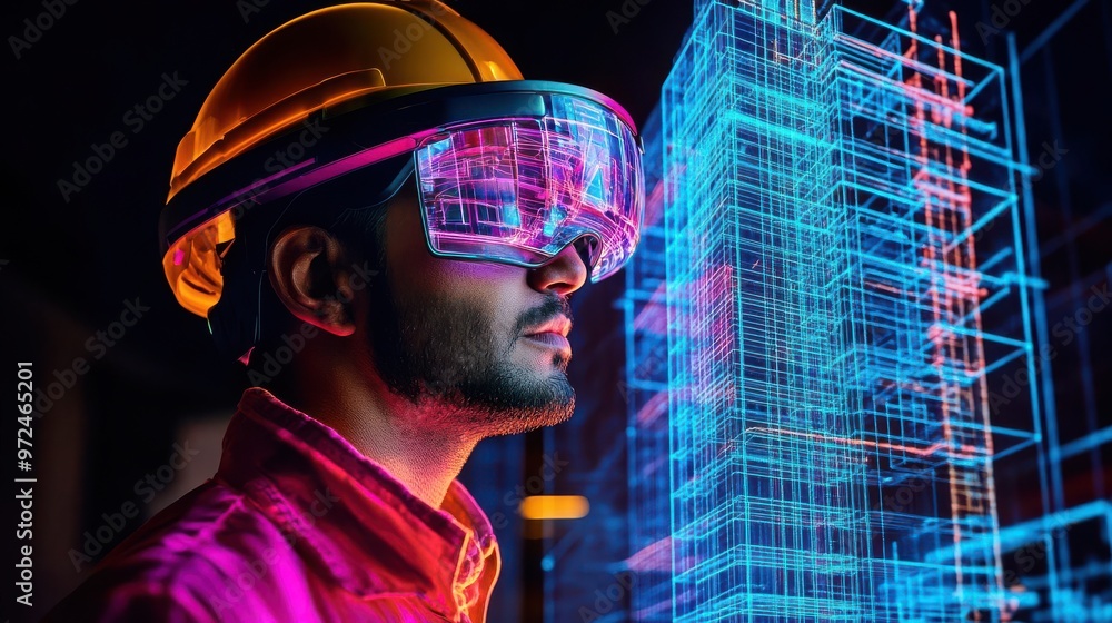 A construction worker uses virtual reality to visualize a building project, blending technology and engineering innovation. A construction worker uses virtual reality to visualize a building project, blending technology and engineering innovation.