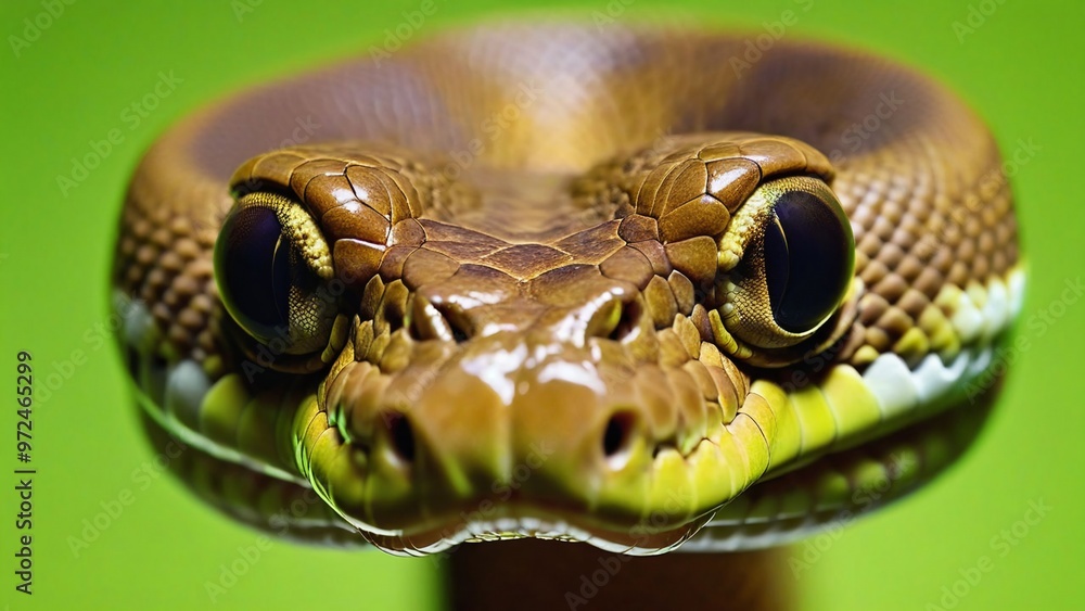 Fototapeta premium A snake in close-up with a brown head and eyes on a green background.