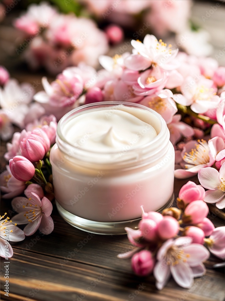 Blank glass jar tube natural sun light mock up hand cream sun cream white pink flower background natural lighting Blank glass jar tube natural sun light mock up hand cream sun cream white pink flower background natural lighting