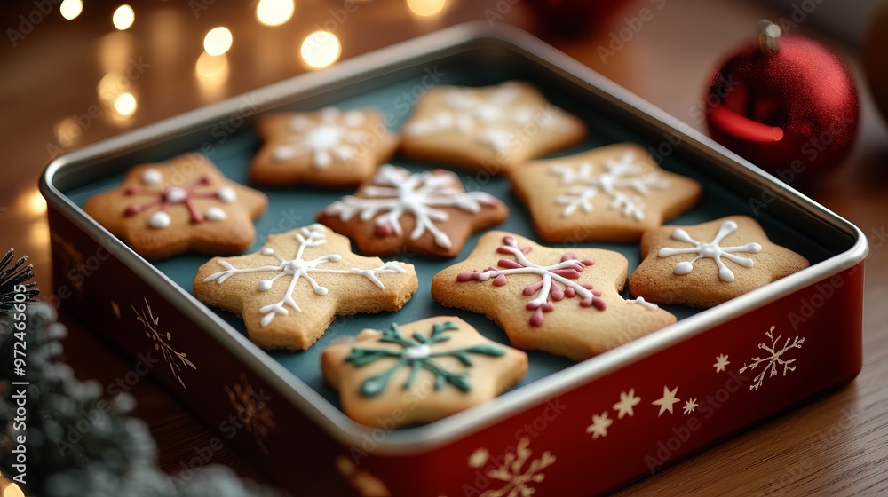 Detailed texture of a Christmas cookie tin, with its smooth metal surface and festive illustrations adding holiday charm. 4K hyperrealistic photo. Detailed texture of a Christmas cookie tin, with its smooth metal surface and festive illustrations adding holiday charm. 4K hyperrealistic photo.