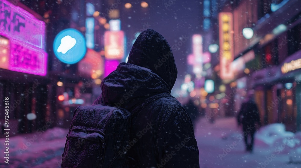 A lone figure walks through a snowy city street at night, illuminated by neon signs. A lone figure walks through a snowy city street at night, illuminated by neon signs.