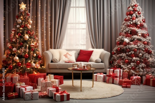 Cozy living room with christmas tree and red gifts in modern interior. Merry christmas background