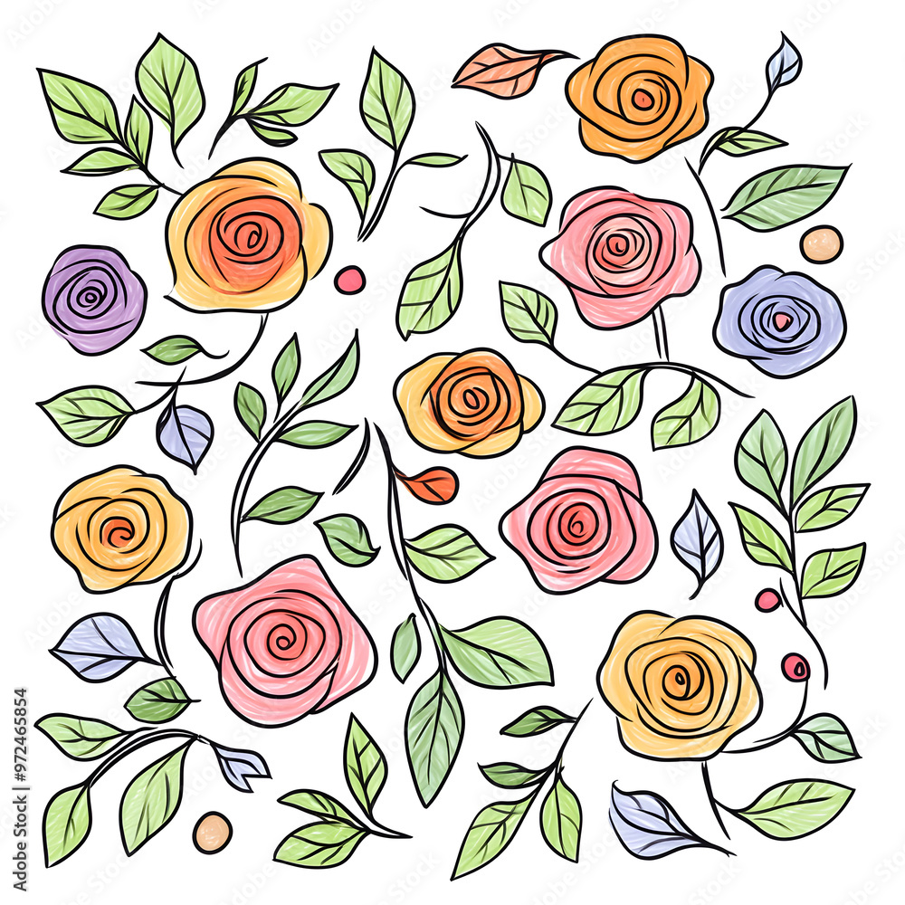 2D illustrator doodle-style floral and leaf graphics on a white background or wallpaper 2D illustrator doodle-style floral and leaf graphics on a white background or wallpaper